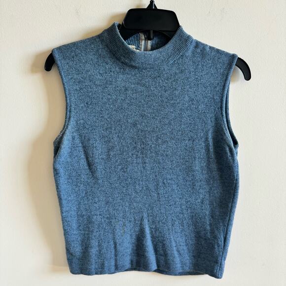 Vintage Ladies 36 Blue 2 Piece Classic Sweater Set Lambs Wool Mix Tank Cardigan - Picture 2 of 16